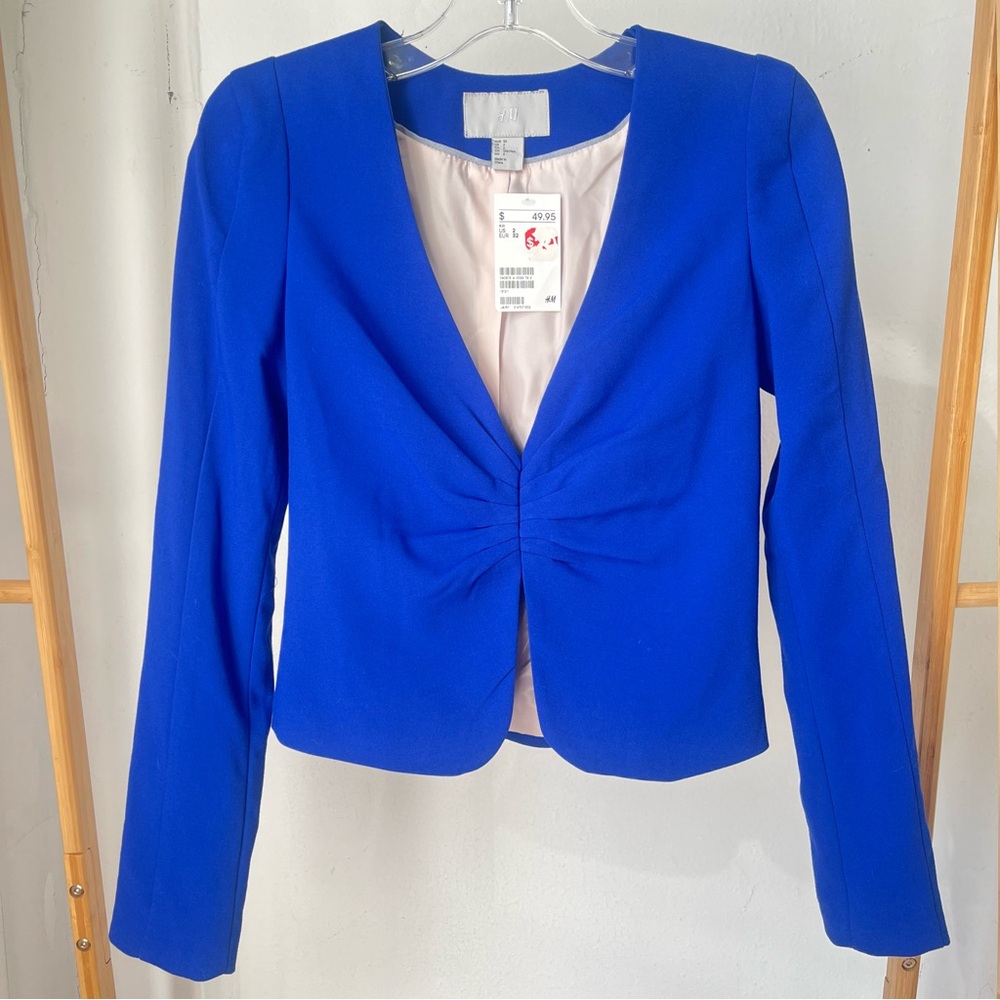 NEW Royal Blue Puff Shoulder Collarless H&M Size 2 NWT